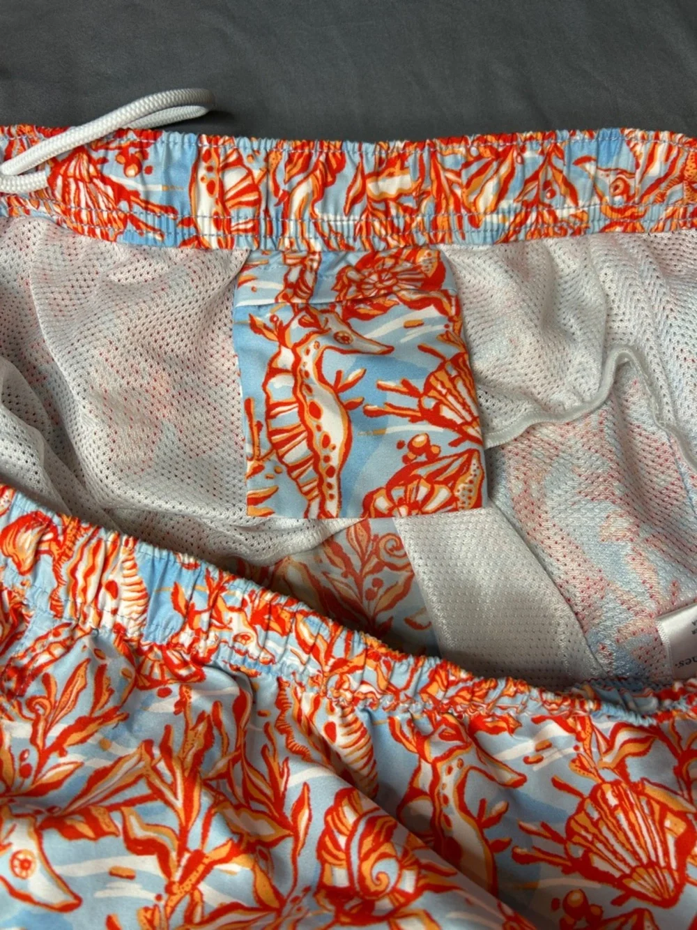Vineyard Vines Men's Light‎ Blue Swim Suit with Orange Seashell Seahorse Print